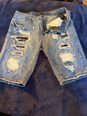 Aime Leon Dore Distressed Light Blue Denim Shorts with Paint Splatter